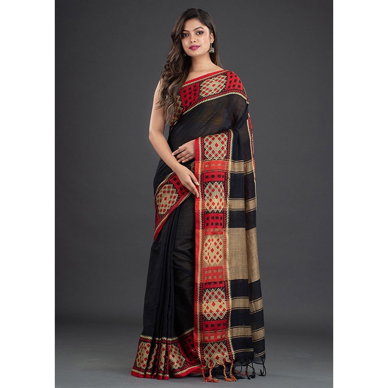 Black Pure Cotton Saree With Blouse - JD986595852