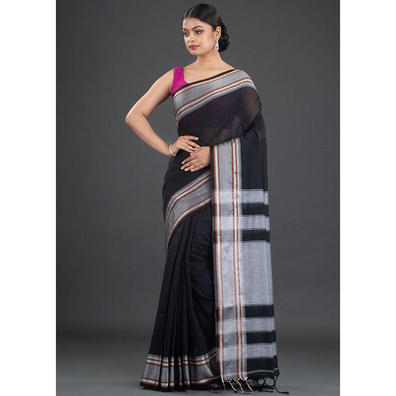Black Pure Cotton Saree With Blouse - JD986595860
