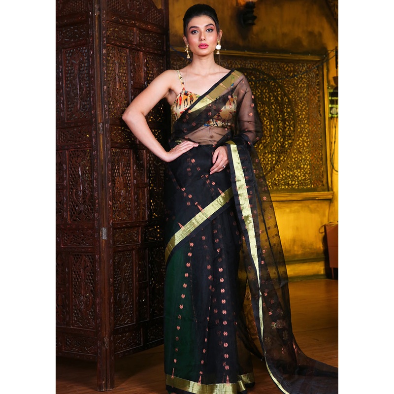 Black Pure Cotton Tant Jamdani Saree Without Blouse Piece - JD986595729