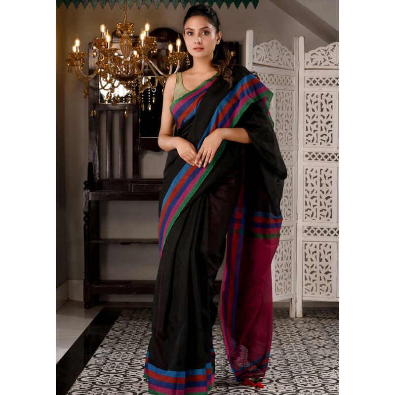 Black Pure Cotton Textured Saree With Blouse - JD986595818