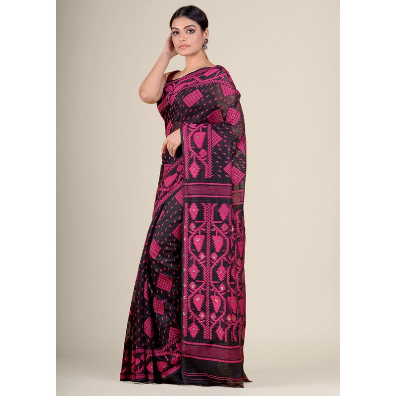 Black Tant Jamdani Silk Saree Without Blouse Piece - JD986595714