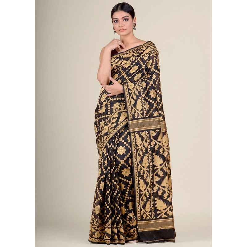 Black Tant Jamdani Silk Saree Without Blouse Piece - JD986595715