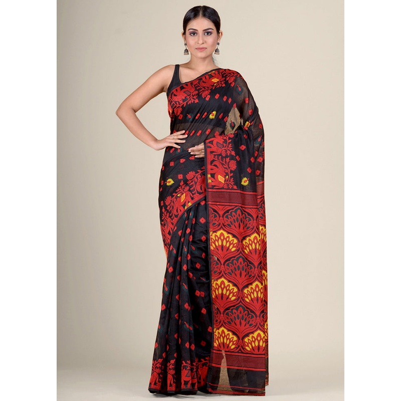 Black Tant Jamdani Silk Saree Without Blouse Piece - JD986595716