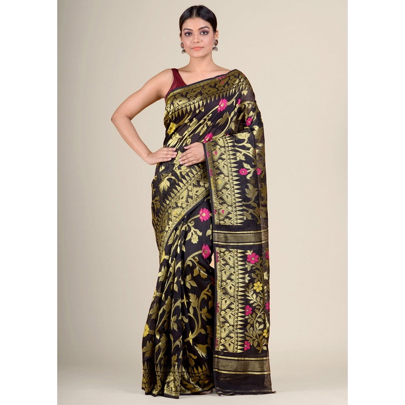 Black Tant Jamdani Silk Saree Without Blouse Piece - JD986595717
