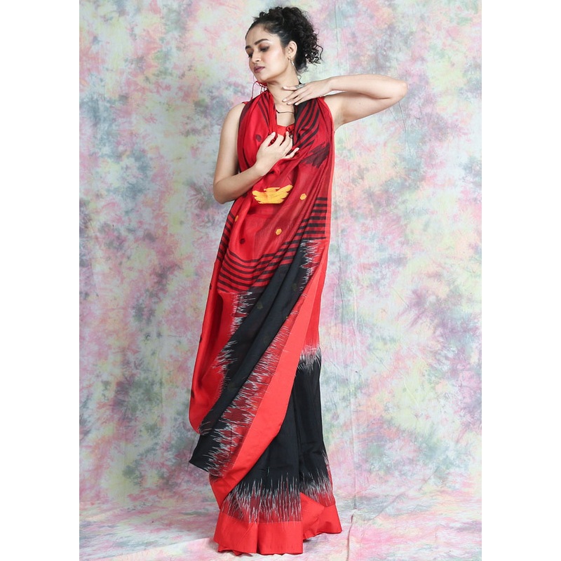Black Woven Cotton Silk Saree With Blouse - JD986595779