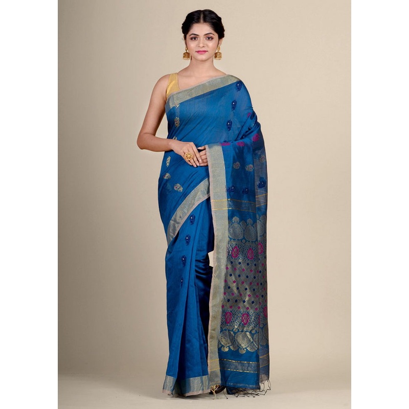 Blue Blended Cotton Handwoven Saree - JD986595769