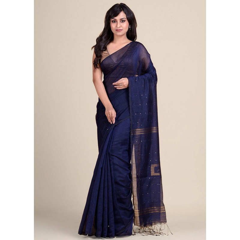 Blue Cotton Handwoven Saree With Blouse - JD986595793