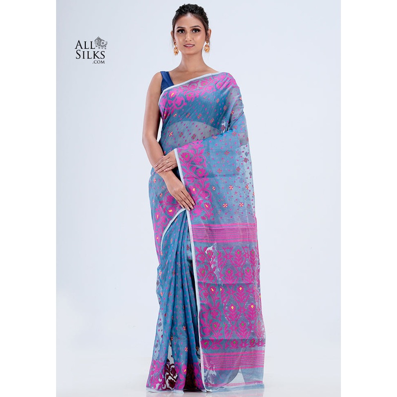 Blue Cotton Jamdani Saree Without Blouse Piece - JD986595728