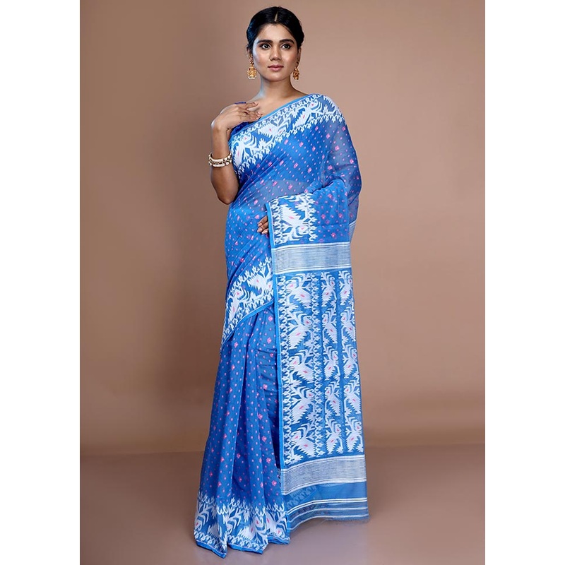 Blue Cotton Jamdani Saree Without Blouse Piece - JD986595755