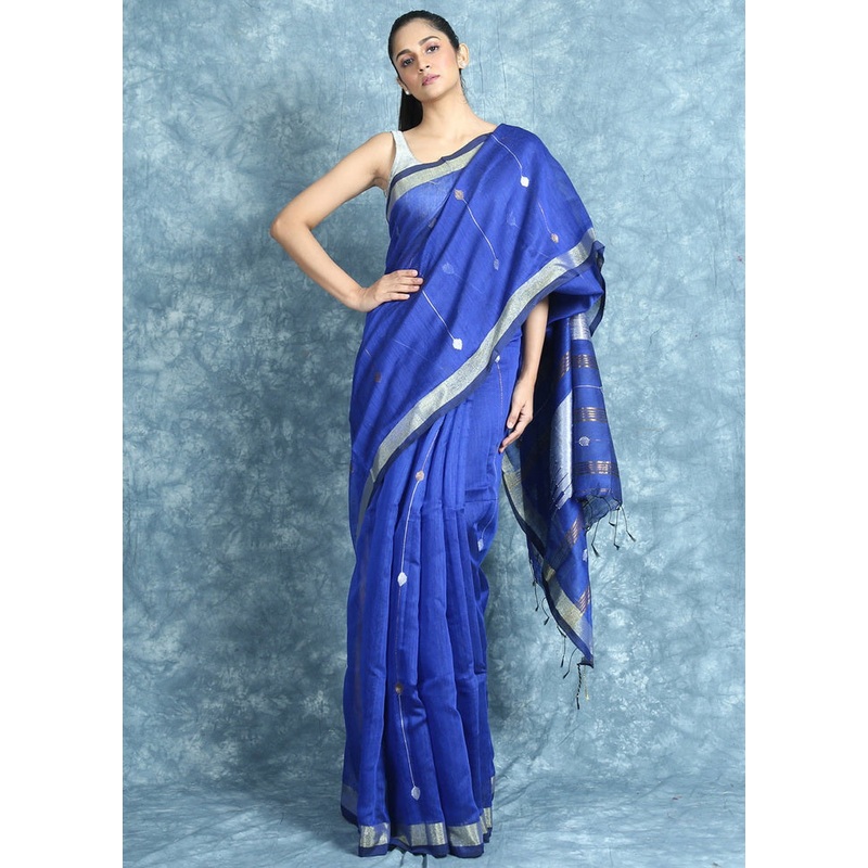 Blue Handwoven Cotton Silk Saree With Blouse - JD986595780