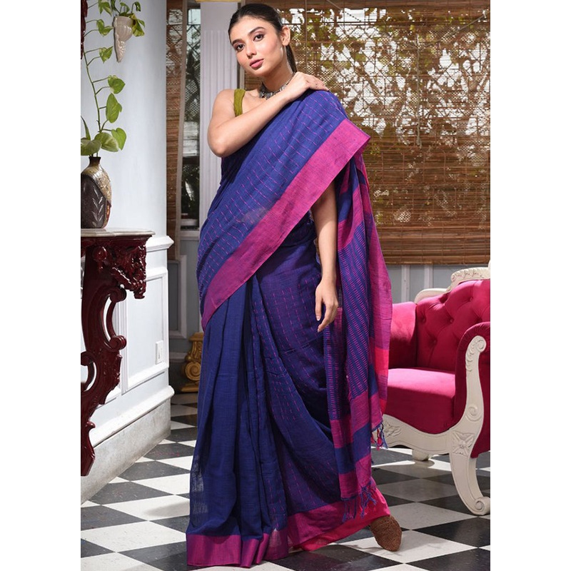 Blue Pure Cotton Embellished Saree With Blouse - JD986595812