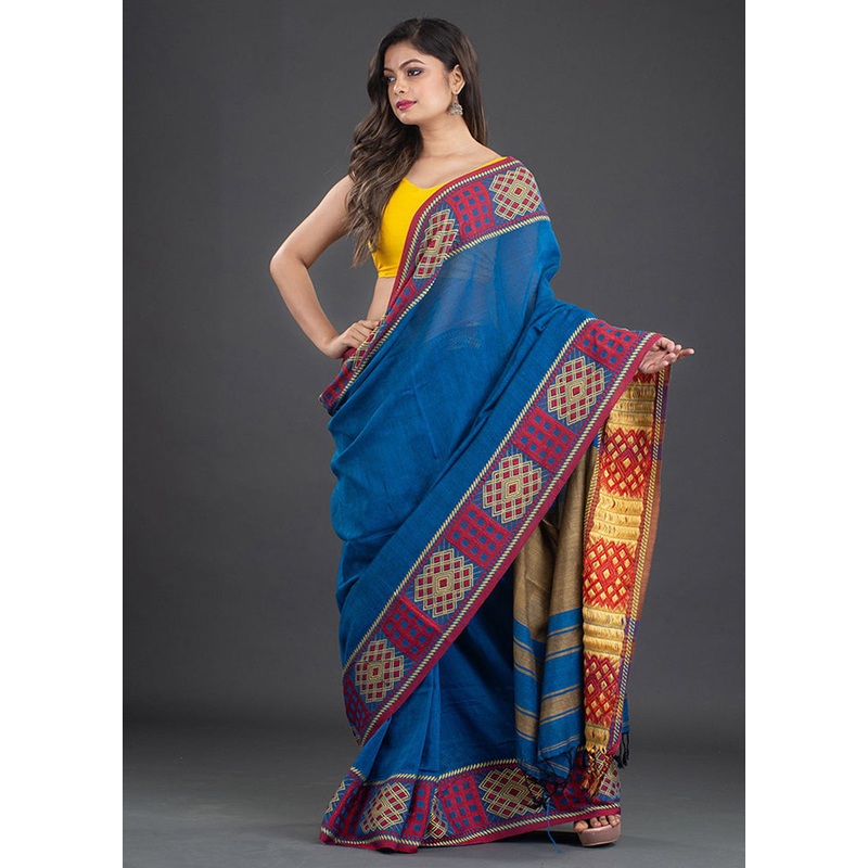 Blue Pure Cotton Saree With Blouse - JD986595854