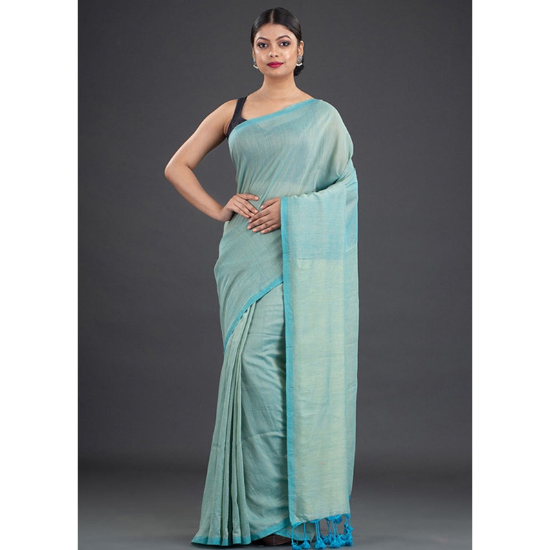 Blue Pure Cotton Solid Saree With Blouse - JD986595867