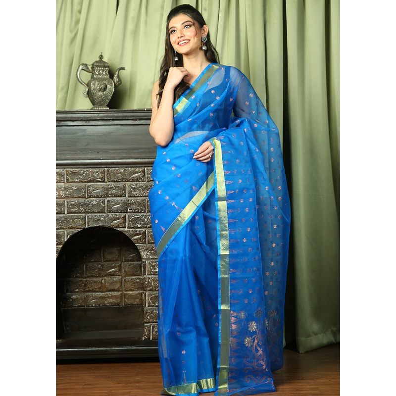 Blue Pure Cotton Tant Jamdani Saree Without Blouse Piece - JD986595730