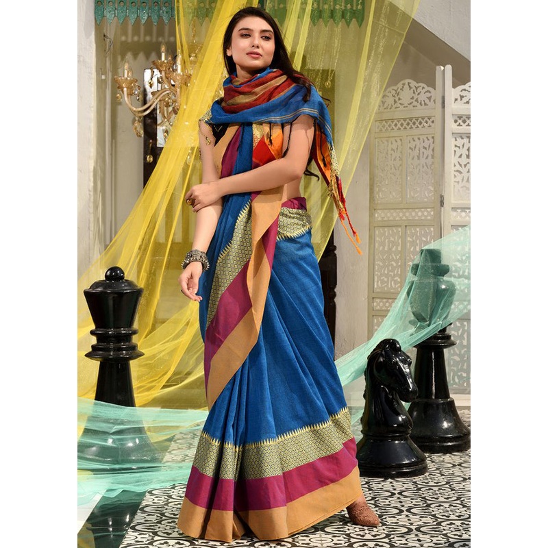Blue Pure Cotton Temple Design Saree With Blouse - JD986595803