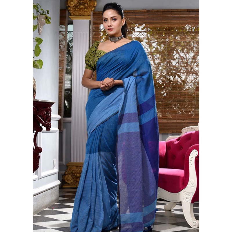 Blue Pure Cotton Textured Saree With Blouse - JD986595815