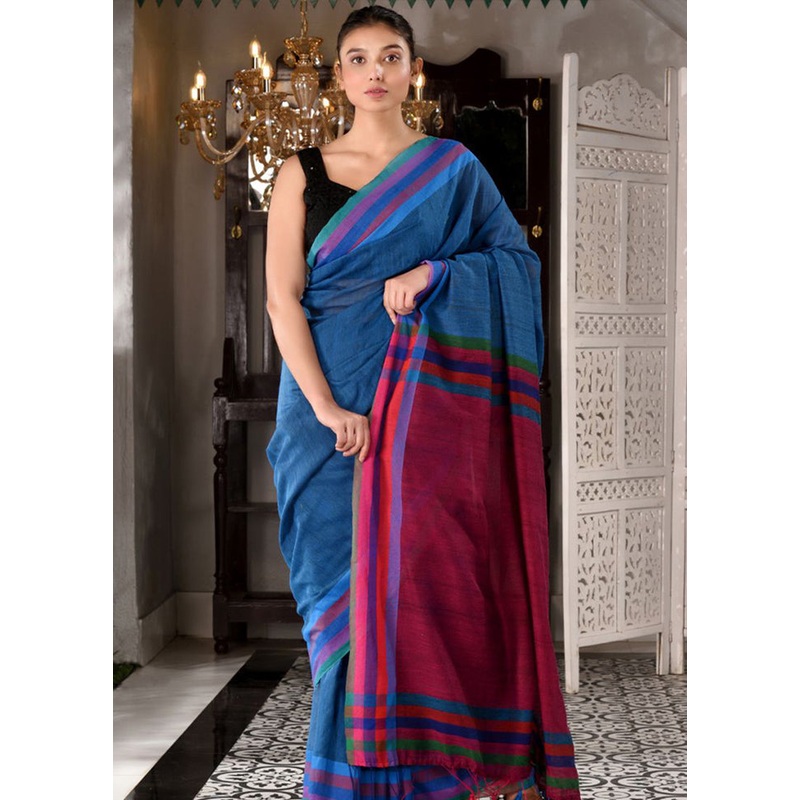 Blue Pure Cotton Textured Saree With Blouse - JD986595819