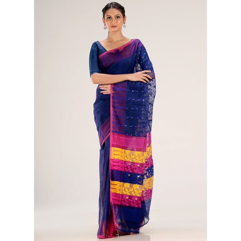 Blue Tant Jamdani Saree Without Blouse Piece - JD986595745