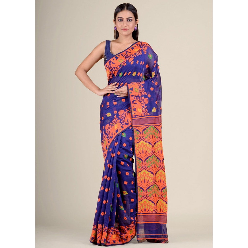 Blue Tant Jamdani Silk Saree Without Blouse Piece - JD986595718