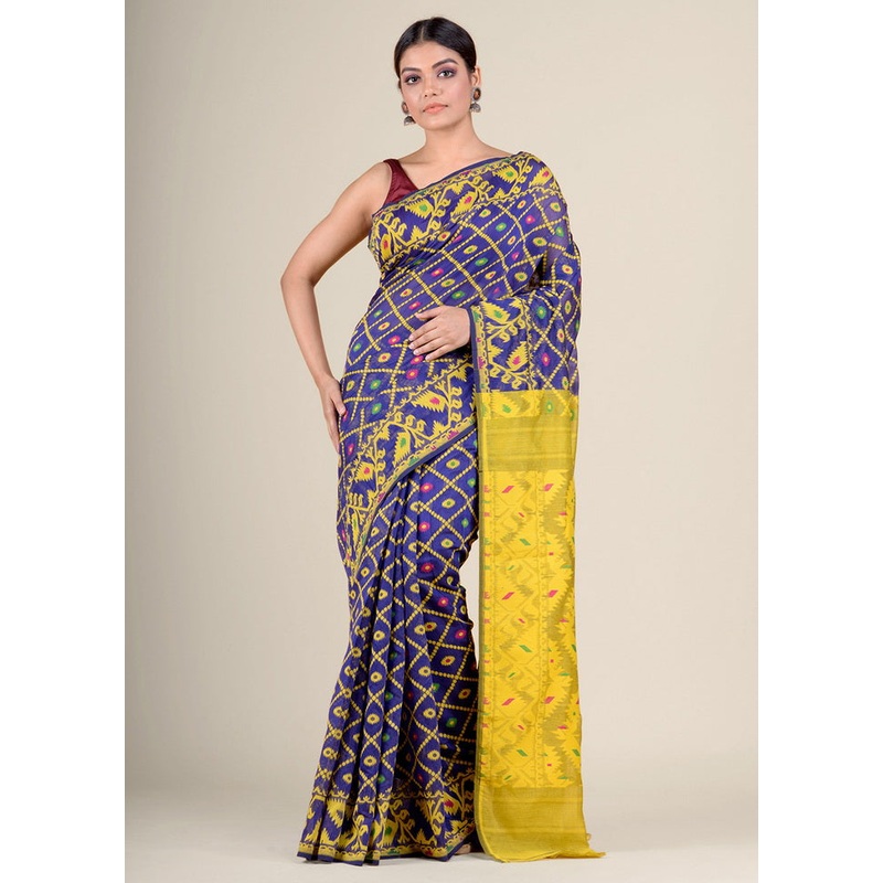 Blue Tant Jamdani Silk Saree Without Blouse Piece - JD986595719