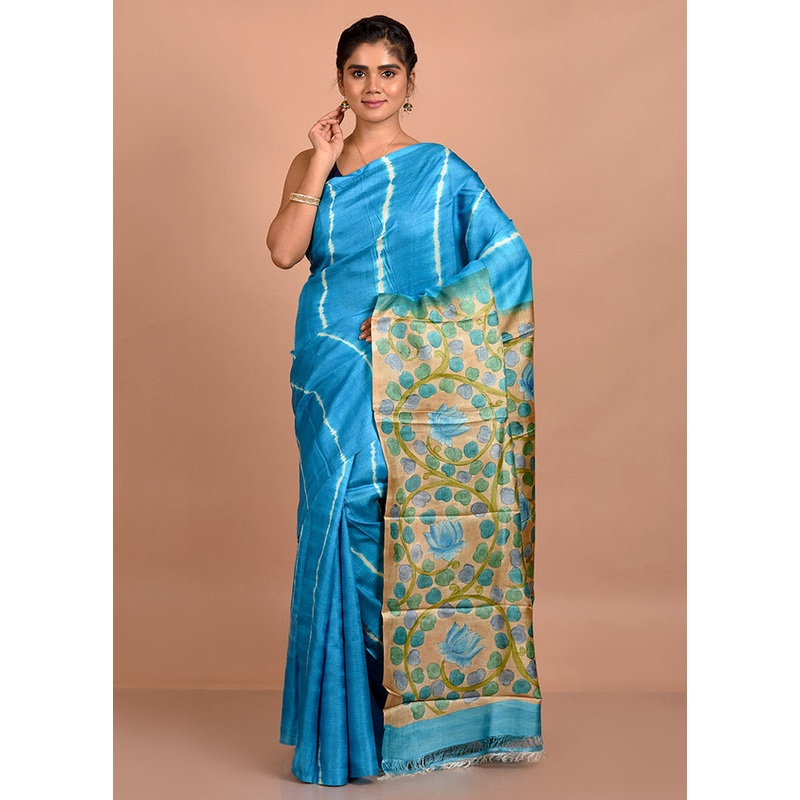 Blue Tussar Pure Silk Saree With Blouse Piece - JD986595760