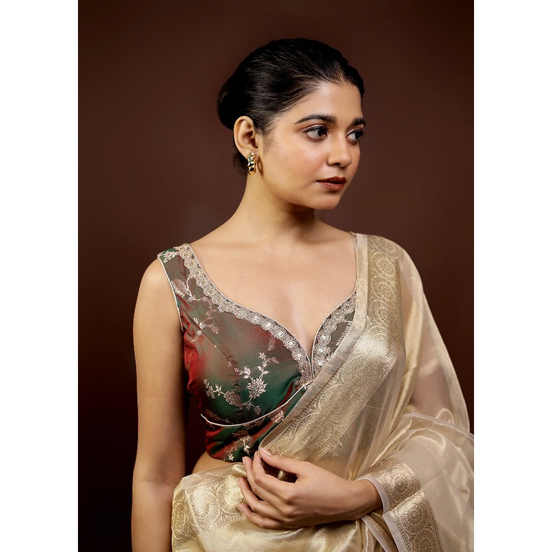 Bottle Green Brocade Designer Blouse - JD986595875