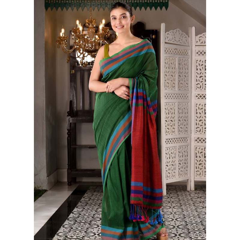 Bottle Green Pure Cotton Textured Saree With Blouse - JD986595817
