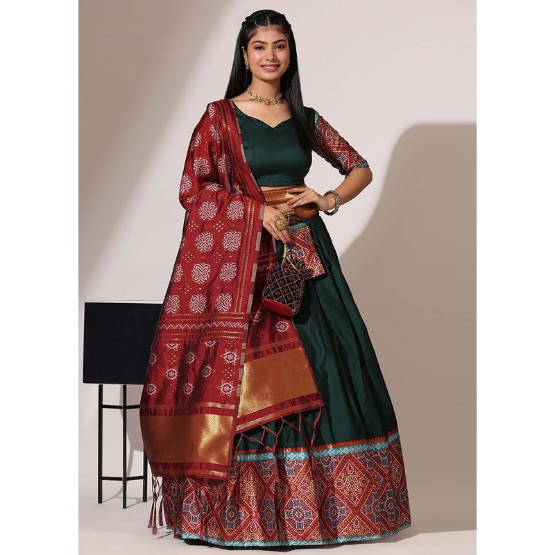 Bottle Green Silk Semi Stitched Lehenga Set - JD986595918