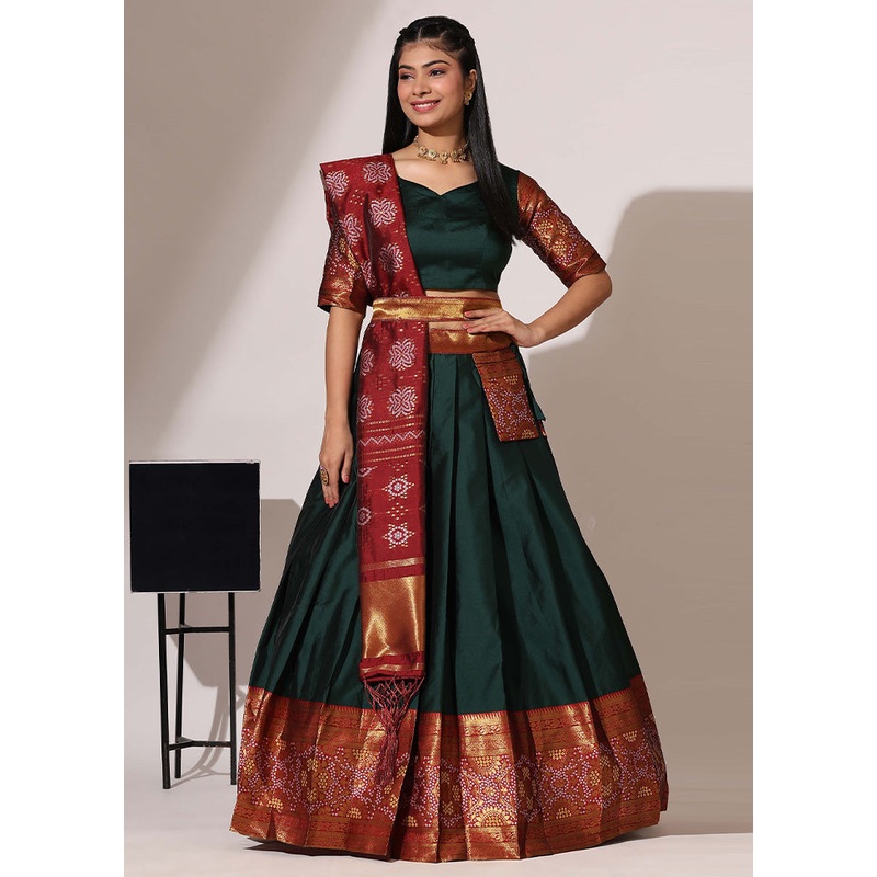 Bottle Green Silk Semi Stitched Lehenga Set - JD986595919