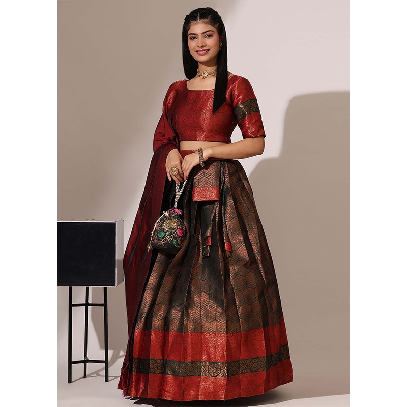Bottle Green Silk Semi Stitched Lehenga Set - JD986595920
