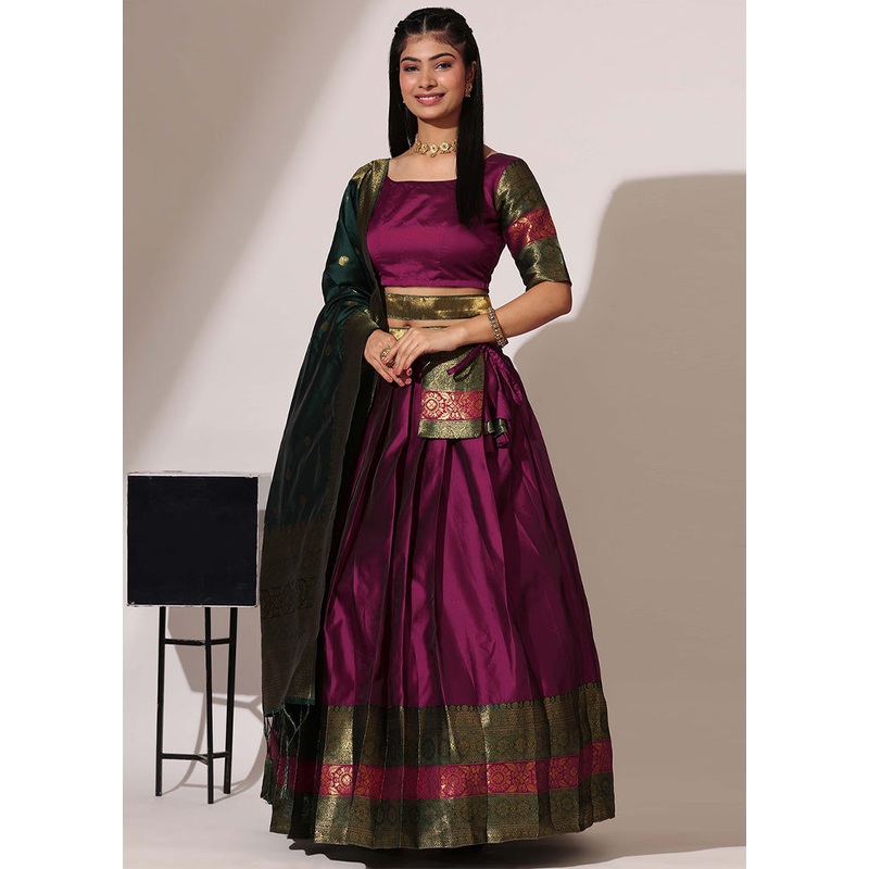 Bottle Green Silk Semi Stitched Lehenga Set - JD986595921