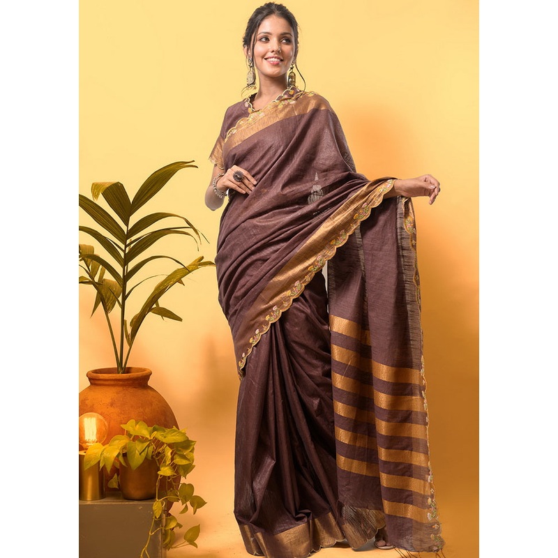 Brown Silk Saree With Blouse - JD986595797