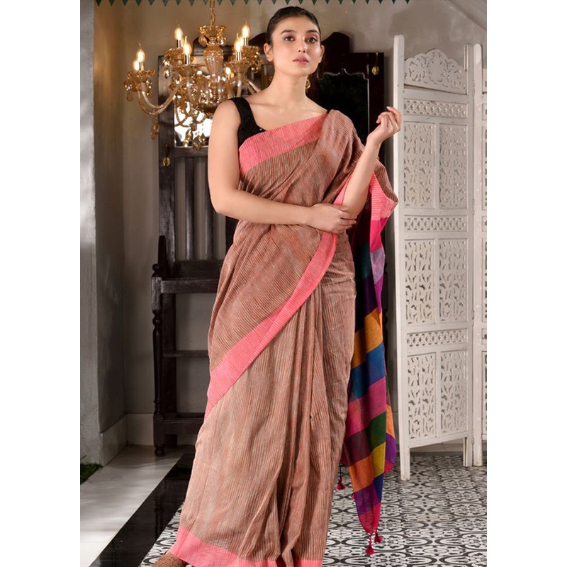 Burgundy Pure Cotton Textured Saree With Blouse - JD986595833