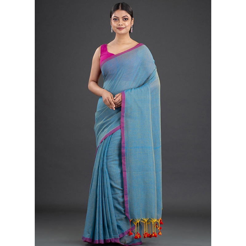 Cerulean Blue Pure Cotton Solid Saree With Blouse - JD986595869