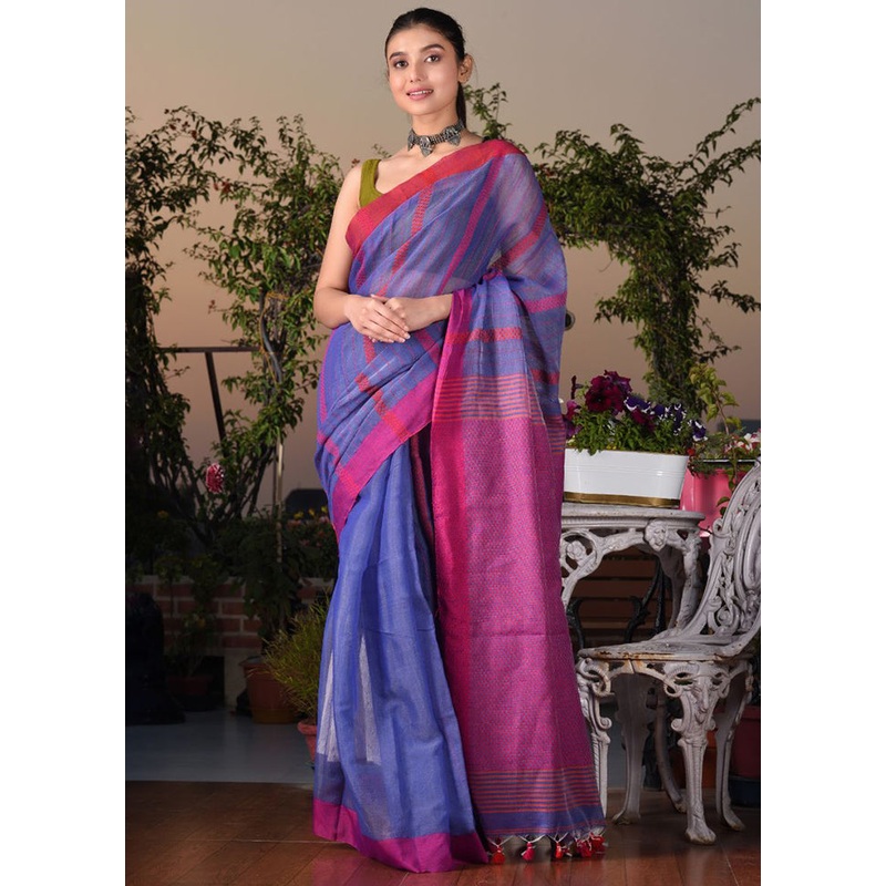 Cobalt Blue Cotton Textured Saree With Blouse - JD986595838