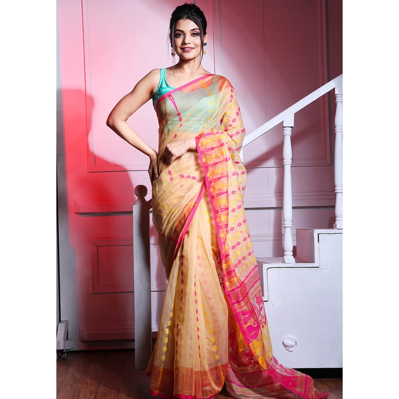 Cream Cotton Tant Jamdani Saree Without Blouse Piece - JD986595740