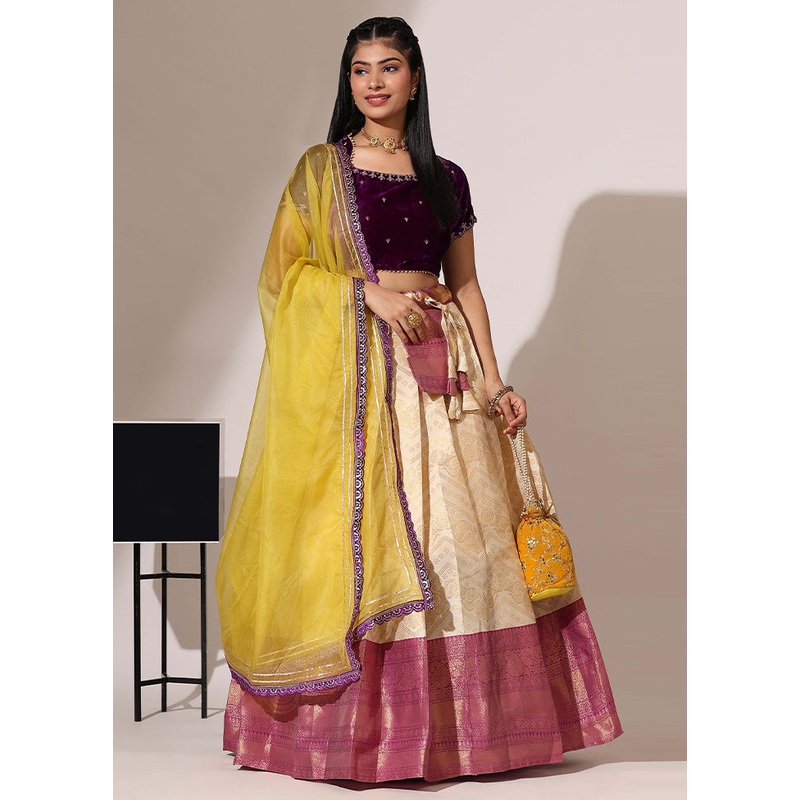 Cream Silk Semi Stitched Lehenga Set - JD986595917