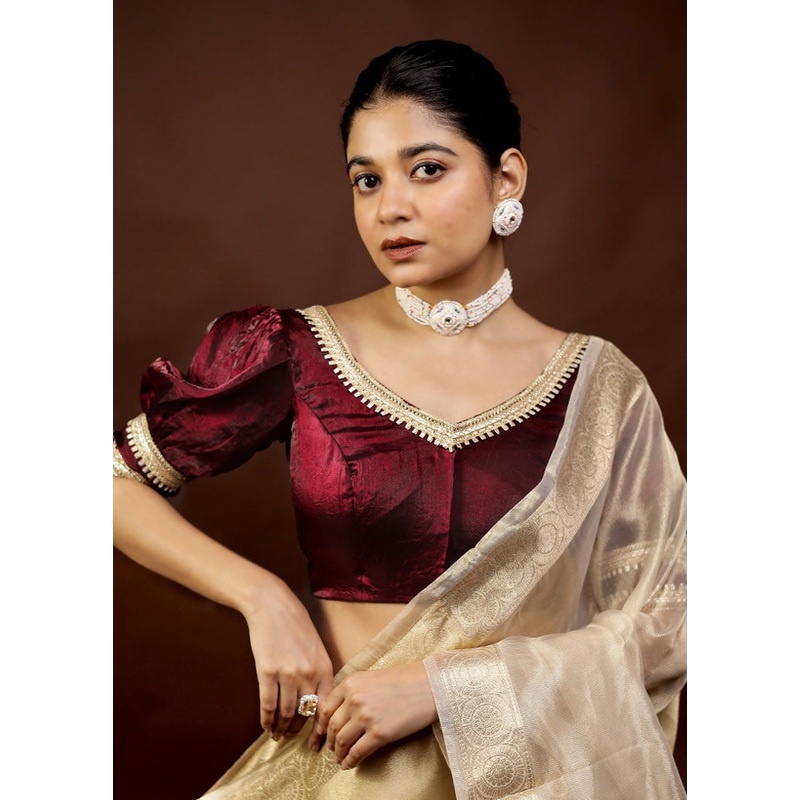 Dark Maroon Tissue Designer Blouse - JD986595889