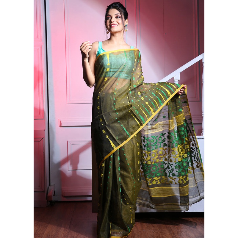 Deep Green Cotton Tant Jamdani Saree Without Blouse Piece - JD986595737