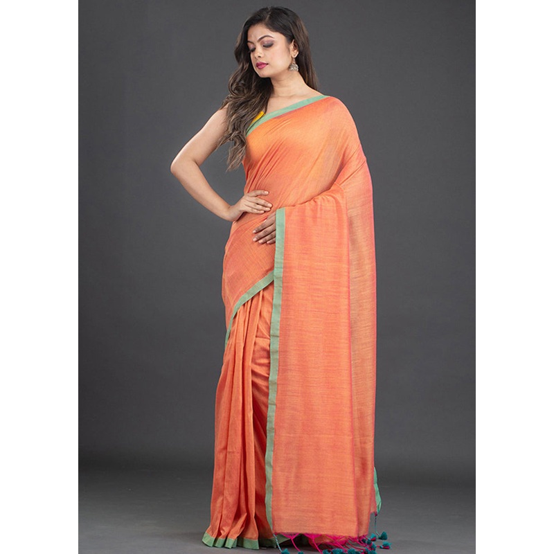 Fire Orange Pure Cotton Solid Saree With Blouse - JD986595865