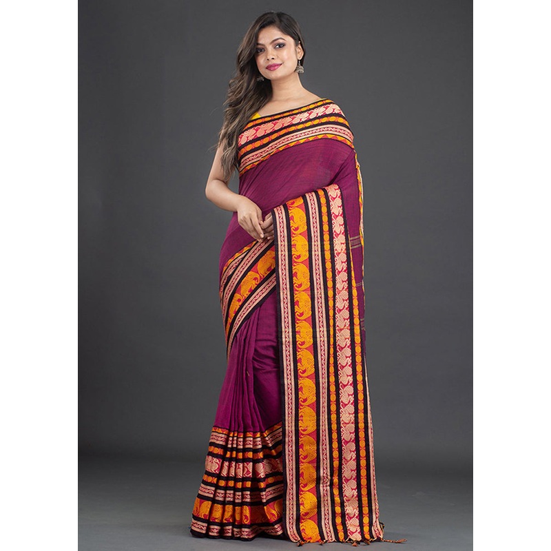Fuchsia Pure Cotton Floral Saree With Blouse - JD986595848
