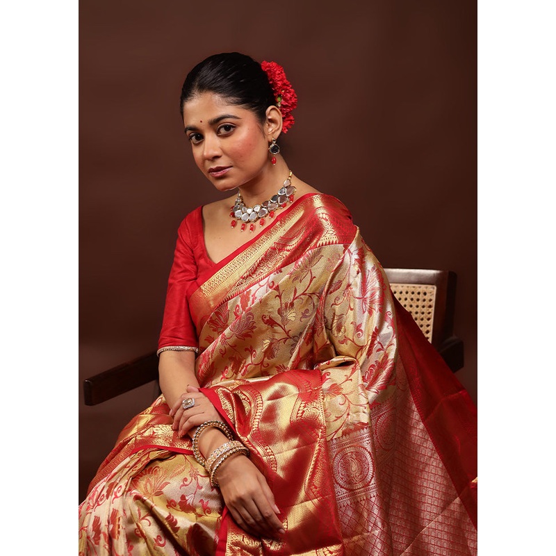 Gold Handloom Kanchipuram Pure Silk Saree With Blouse Piece - JD986595877