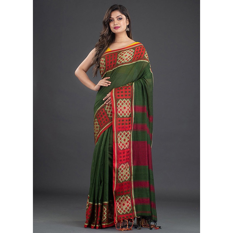 Green Pure Cotton Saree With Blouse - JD986595856