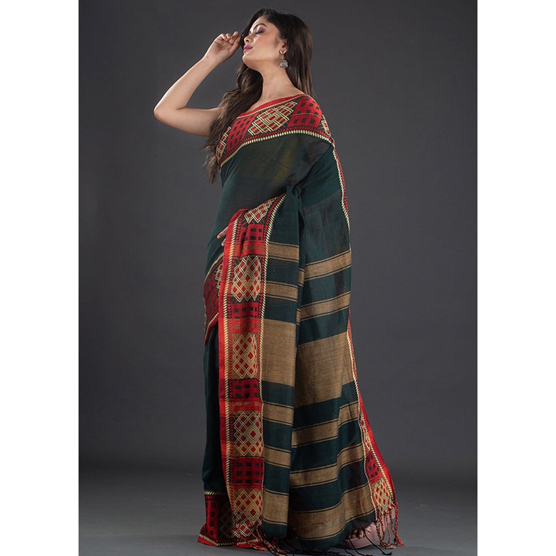 Green Pure Cotton Saree With Blouse - JD986595859