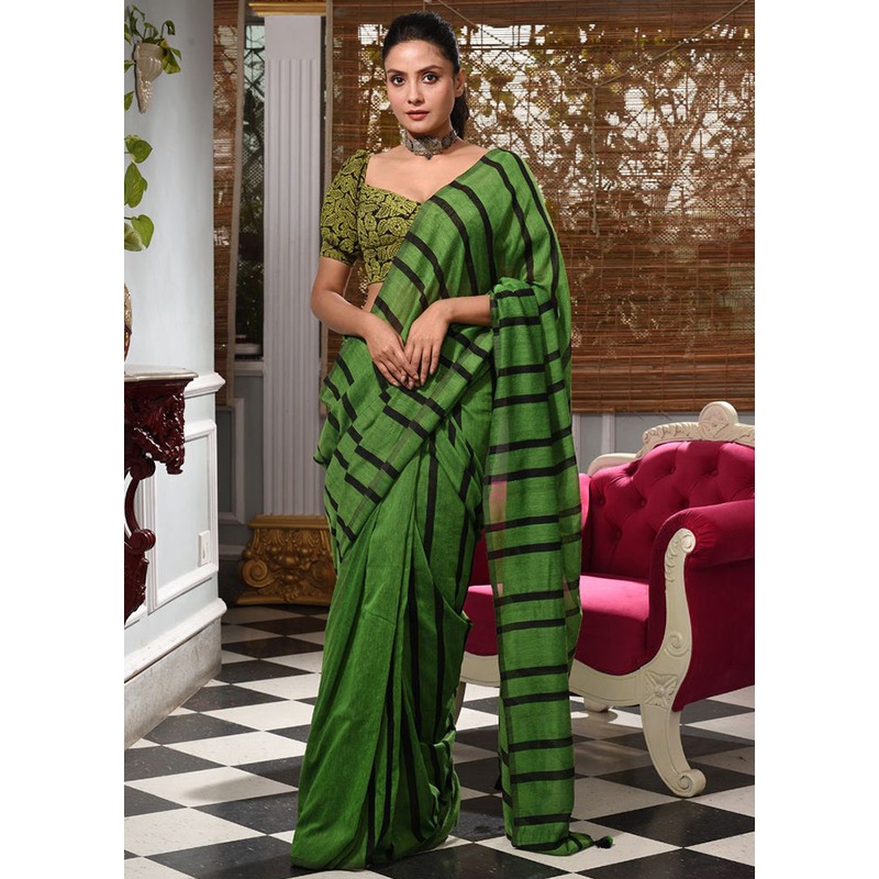 Green Pure Cotton Striped Design Saree With Blouse - JD986595822