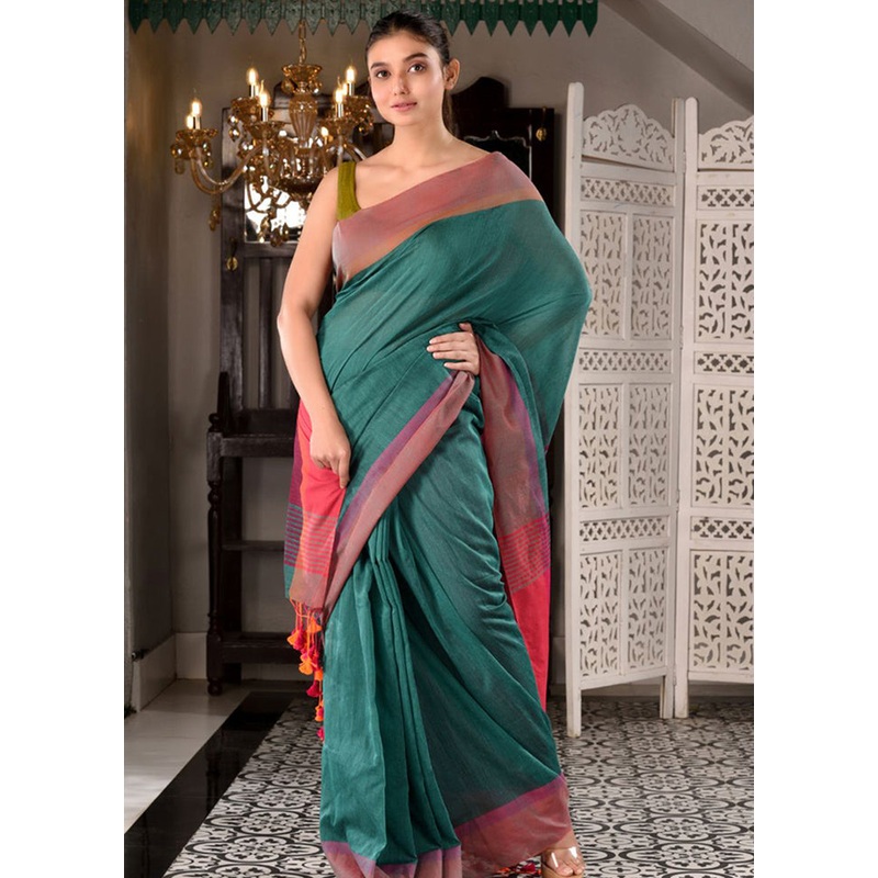 Green Pure Cotton Textured Saree With Blouse - JD986595816