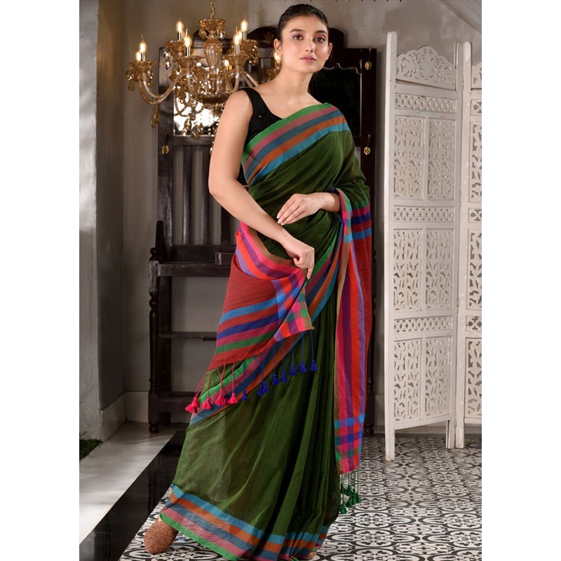 Green Pure Cotton Textured Saree With Blouse - JD986595820