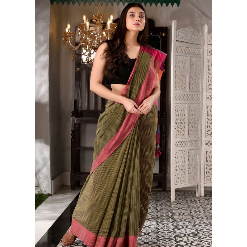 Green Pure Cotton Textured Saree With Blouse - JD986595835