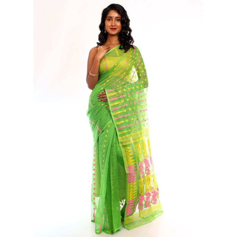 Green Tant Jamdani Saree Without Blouse Piece - JD986595752