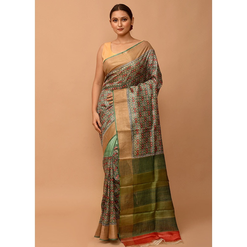 Green Tussar Silk Saree With Blouse Piece - JD986595759